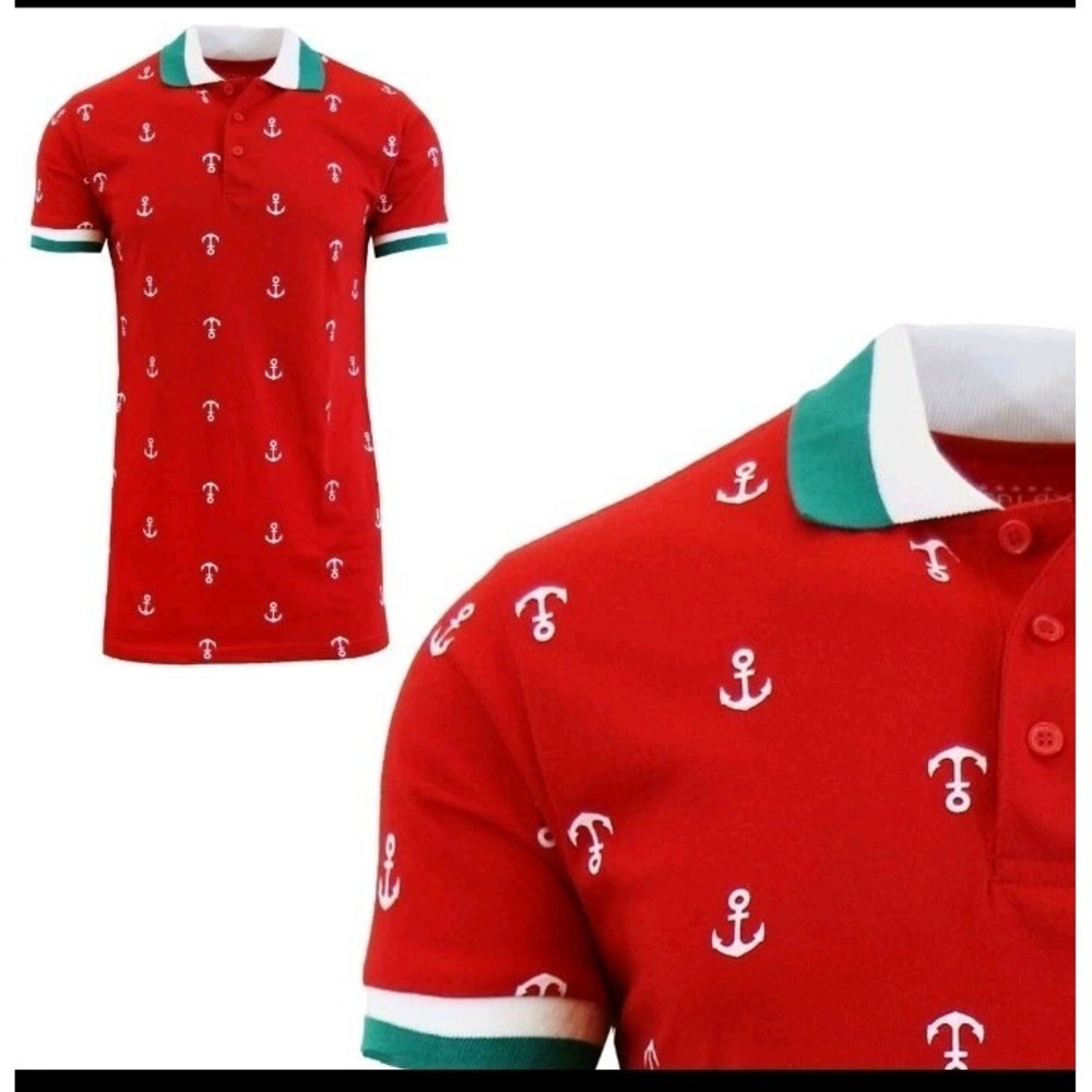 Men's Short Sleeve Shirt Red With   Nautical Theme Cotton-Blend NEW